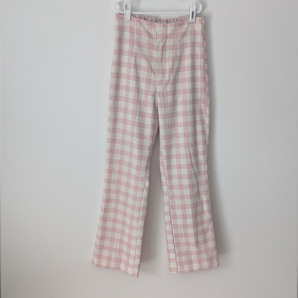 Bershka Pink White Plaid Straight Leg Preppy Spring Pants Stretch Waist Knit 4